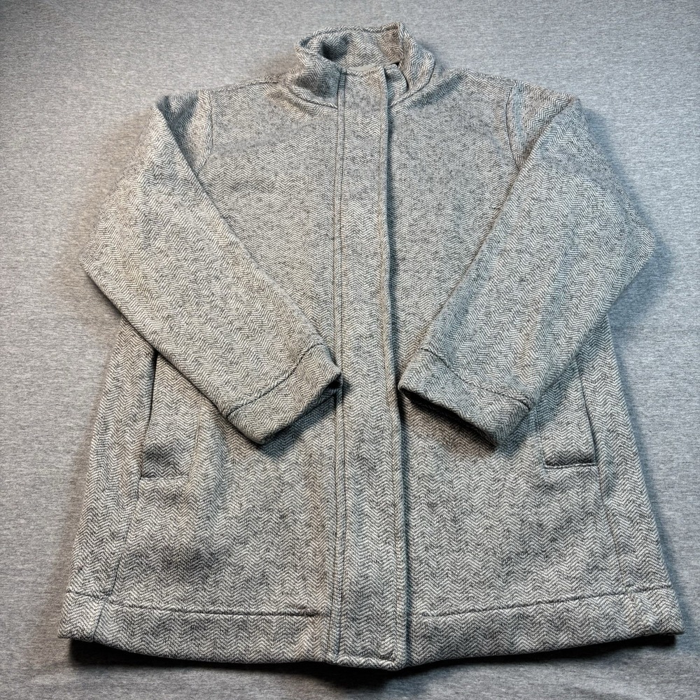 Lands End Women's Gray Fleece Sweater Jacket Size Large Petite Zip Up Mock‎ Neck